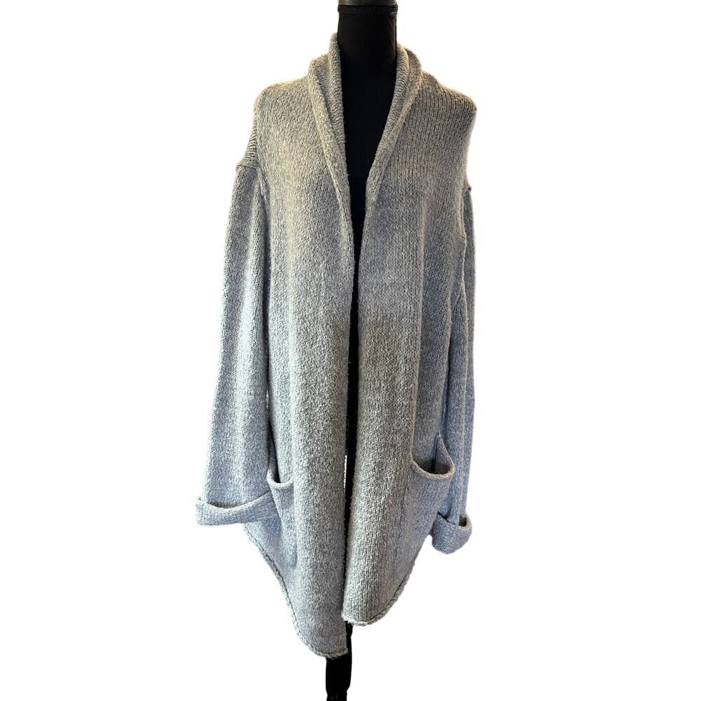 Anthropologie Gray Open Front Knit Cardigan Sweater Jacket Pockets Womens L